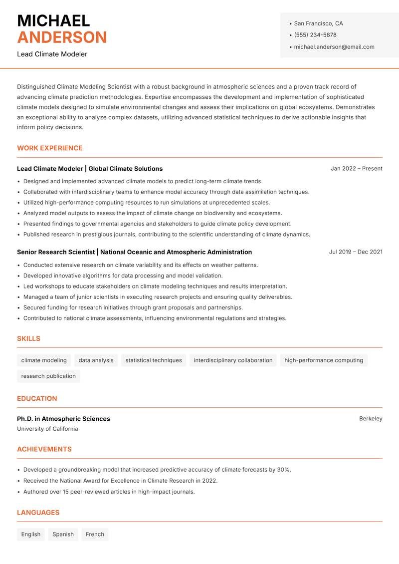 Climate Modeling Scientist resume sample — Lead Climate Modeler focus