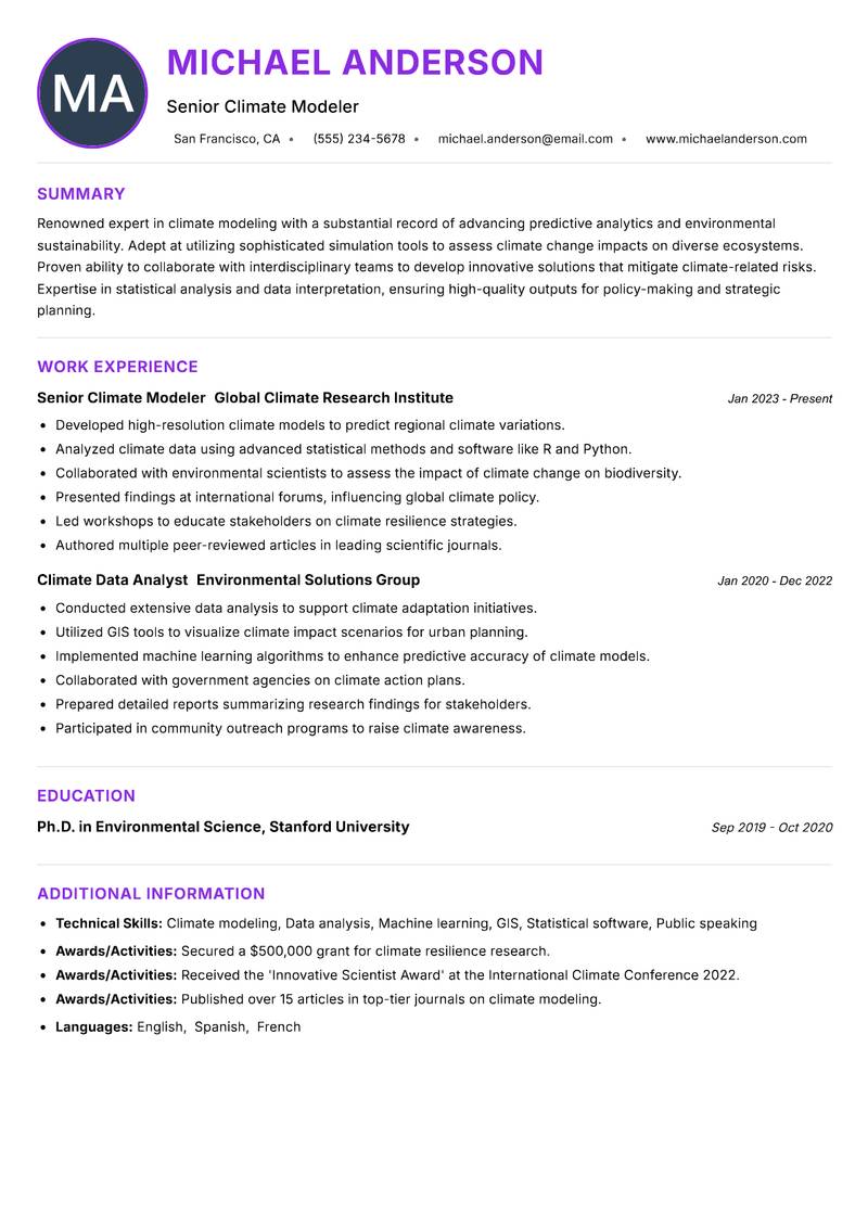 Climate Modelling Specialist resume example