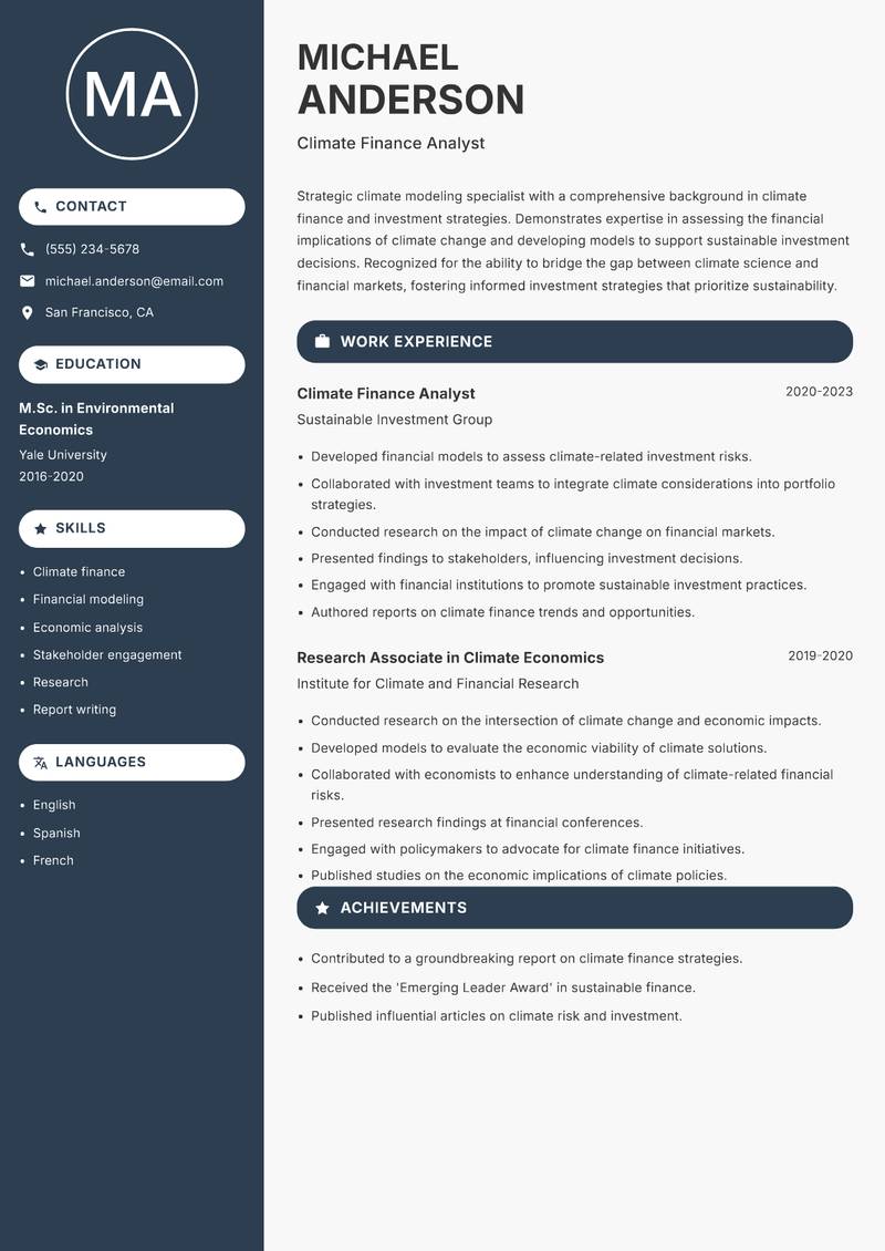 Climate Modelling Specialist resume sample — Climate Finance Analyst focus