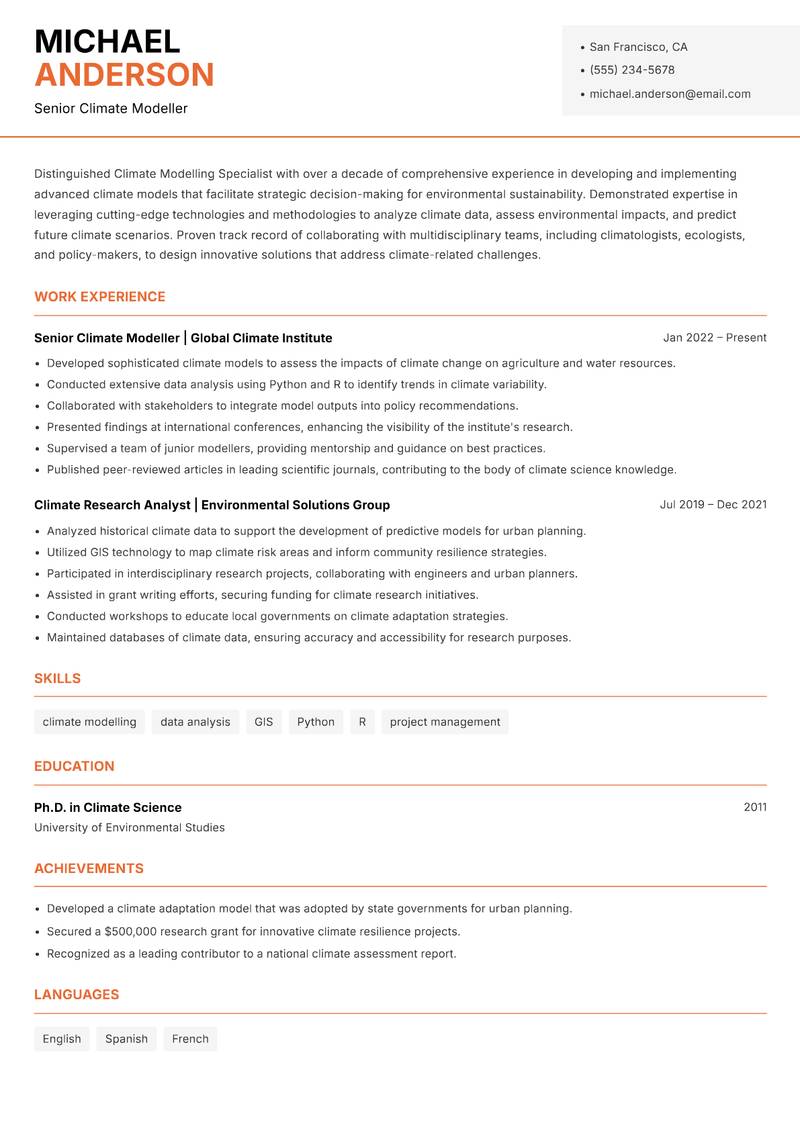 Climate Modelling Specialist resume sample — Senior Climate Modeller focus