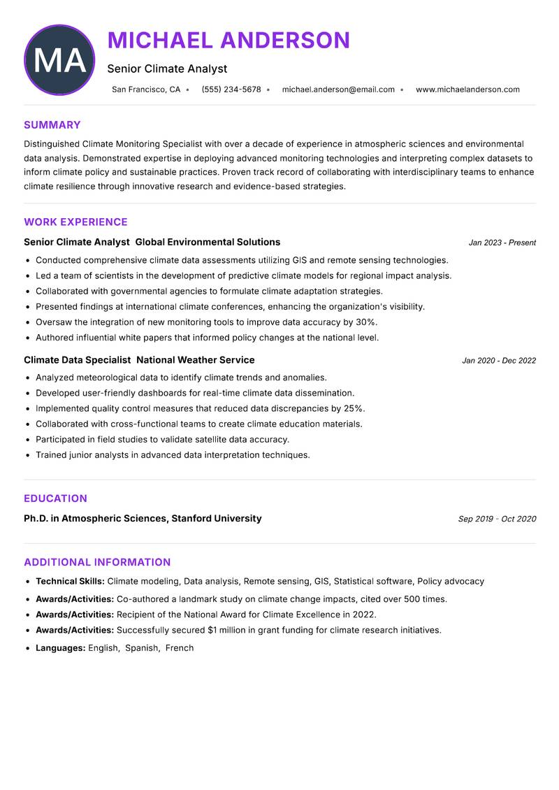 Climate Monitoring Specialist resume example