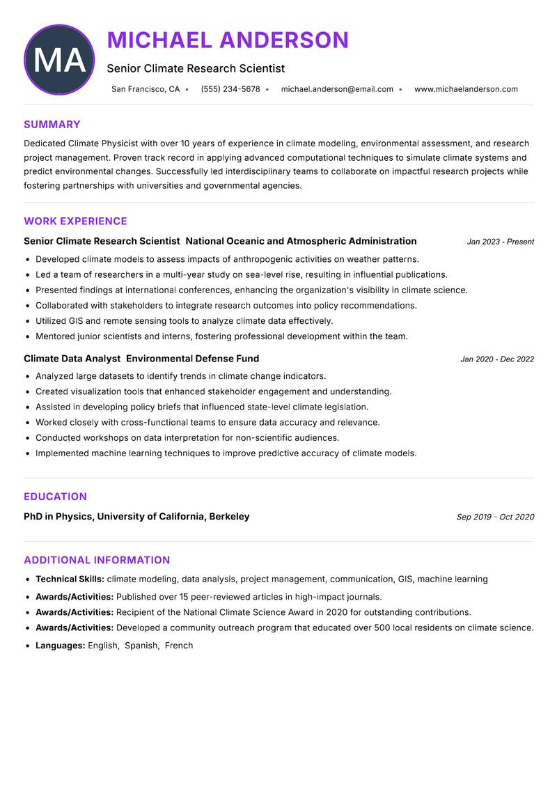Climate Physicist resume example