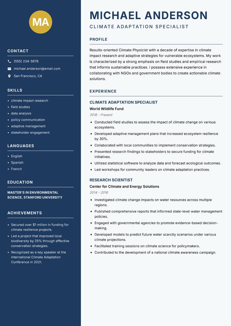 Climate Physicist resume sample — Climate Adaptation Specialist focus