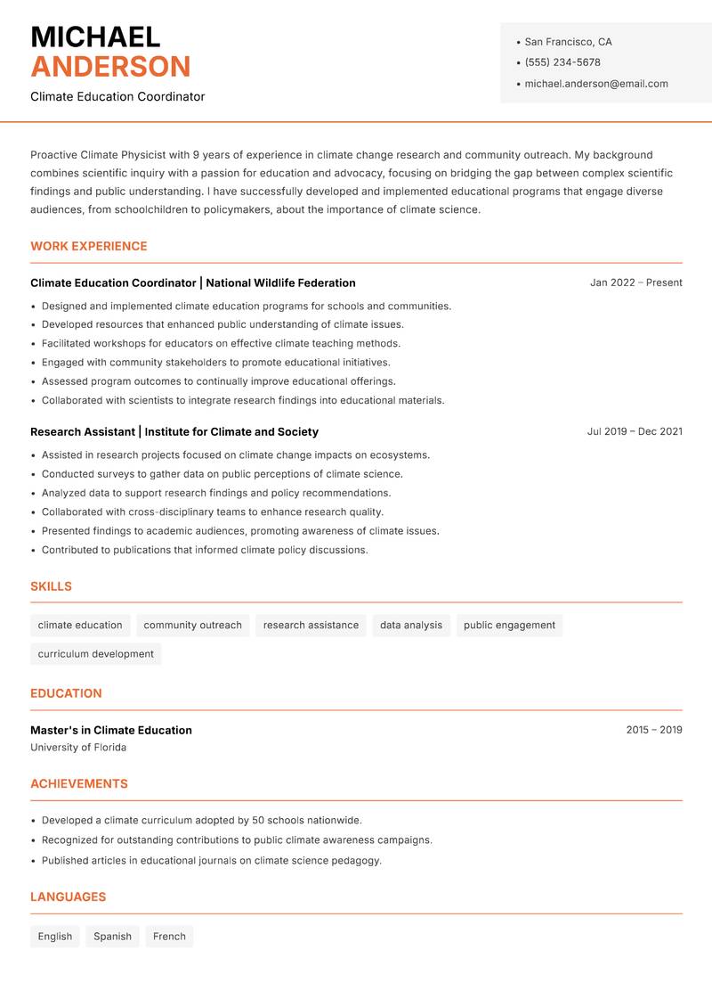 Climate Physicist resume sample — Climate Education Coordinator focus