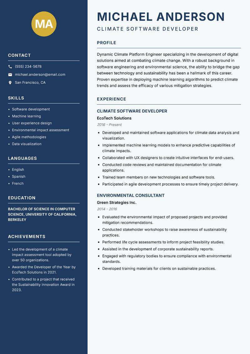 Climate Platform Engineer resume sample — Climate Software Developer focus