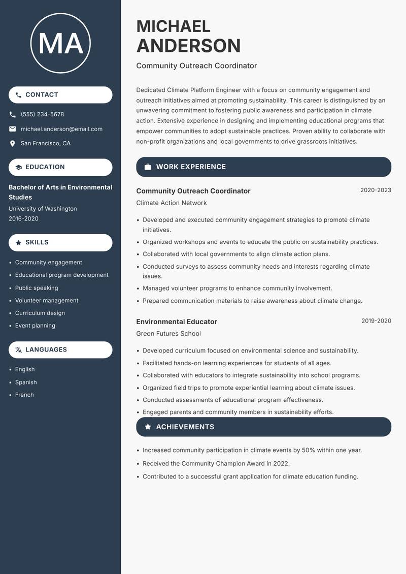 Climate Platform Engineer resume sample — Community Outreach Coordinator focus