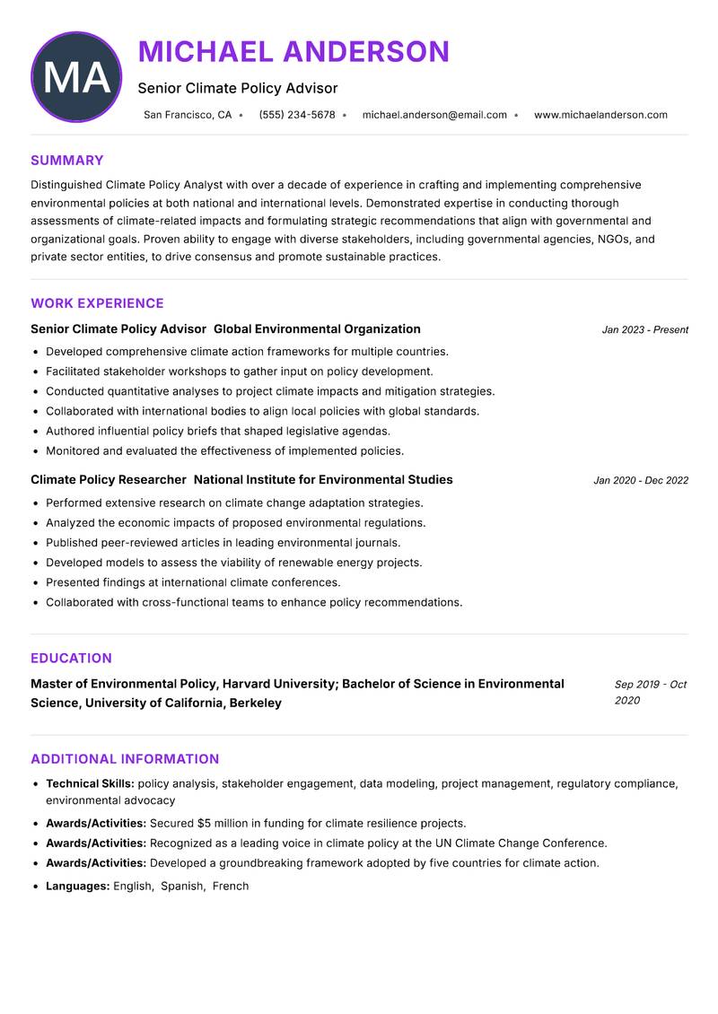 Climate Policy Analyst resume example — Policy Research