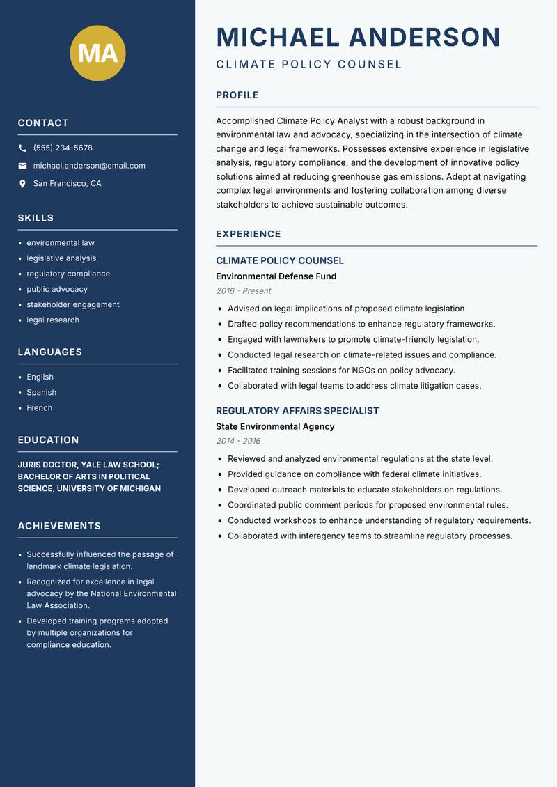 Climate Policy Analyst resume sample — Climate Policy Counsel focus