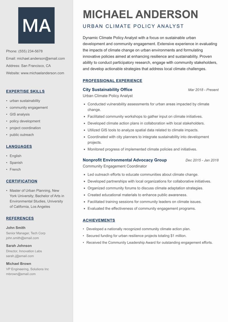 Climate Policy Analyst resume sample — Urban Climate Policy Analyst focus