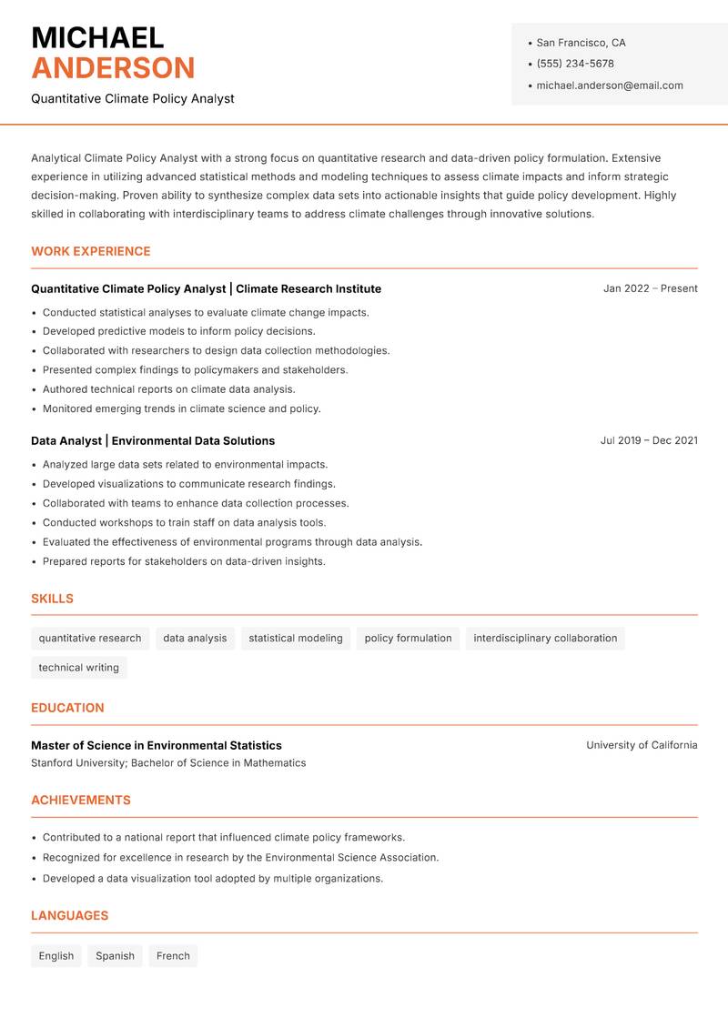 Climate Policy Analyst resume sample — Quantitative Climate Policy Analyst focus