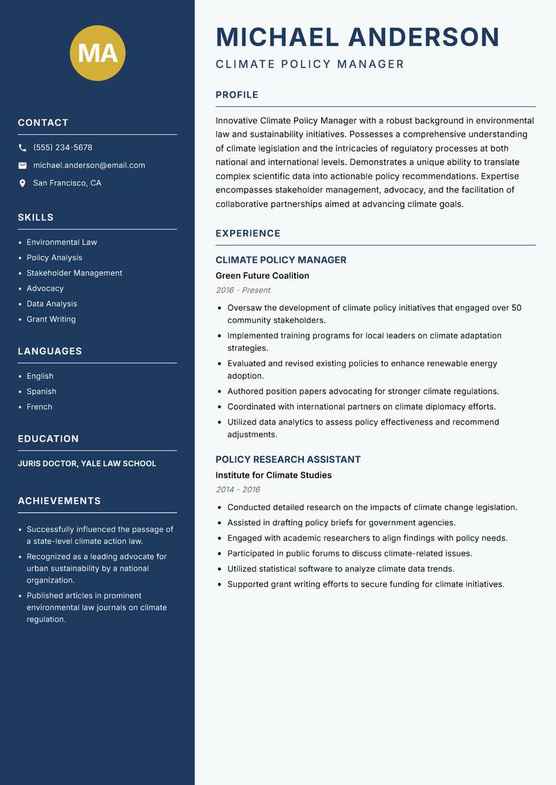 Climate Policy Manager resume sample — Climate Policy Manager focus