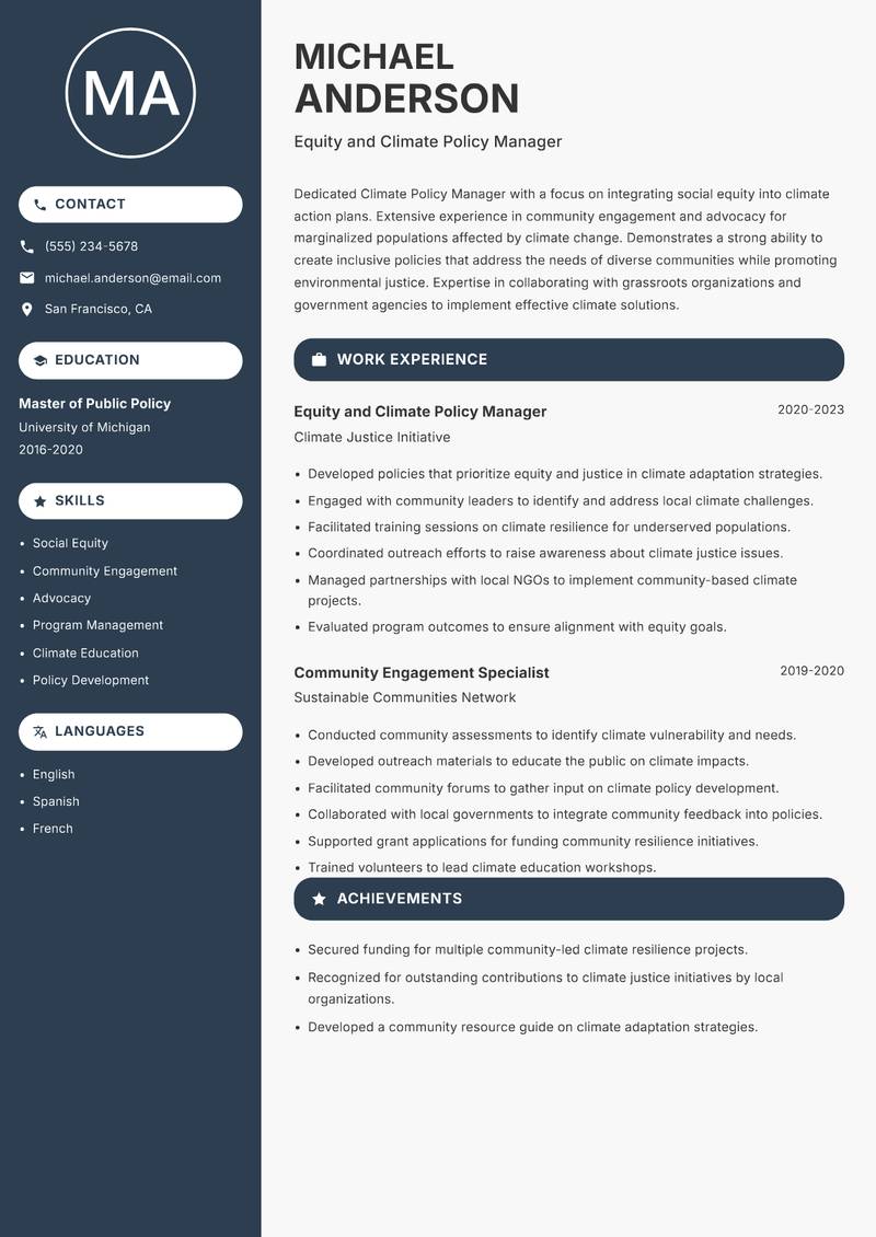 Climate Policy Manager resume sample — Equity and Climate Policy Manager focus