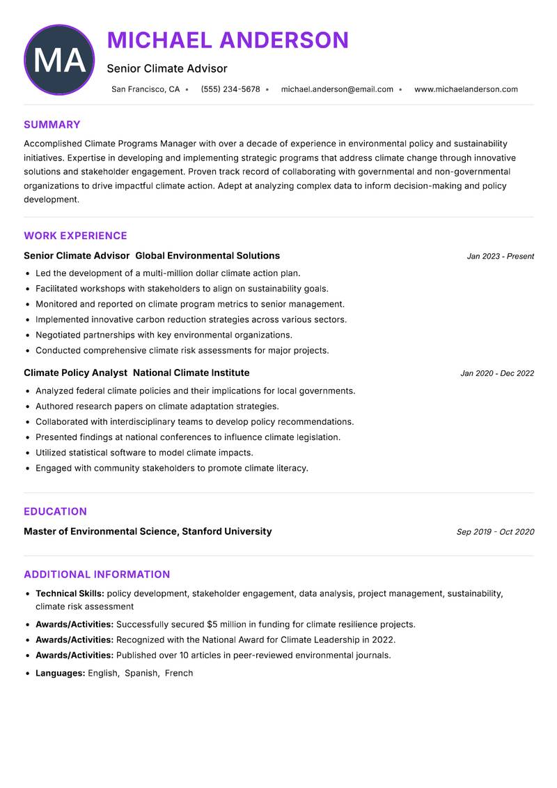 Climate Programs Manager resume example