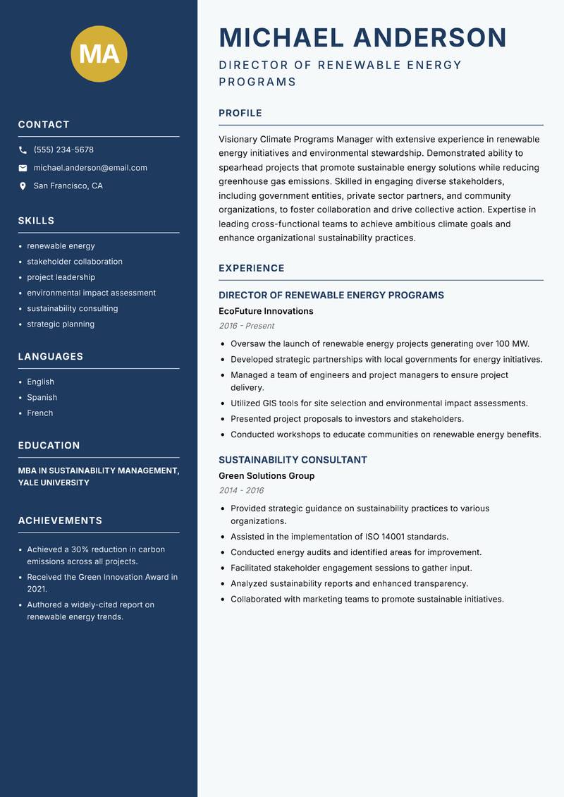 Climate Programs Manager resume sample — Director of Renewable Energy Programs focus