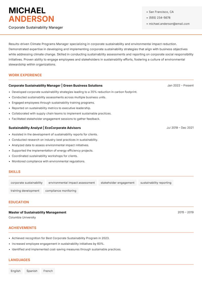 Climate Programs Manager resume sample — Corporate Sustainability Manager focus