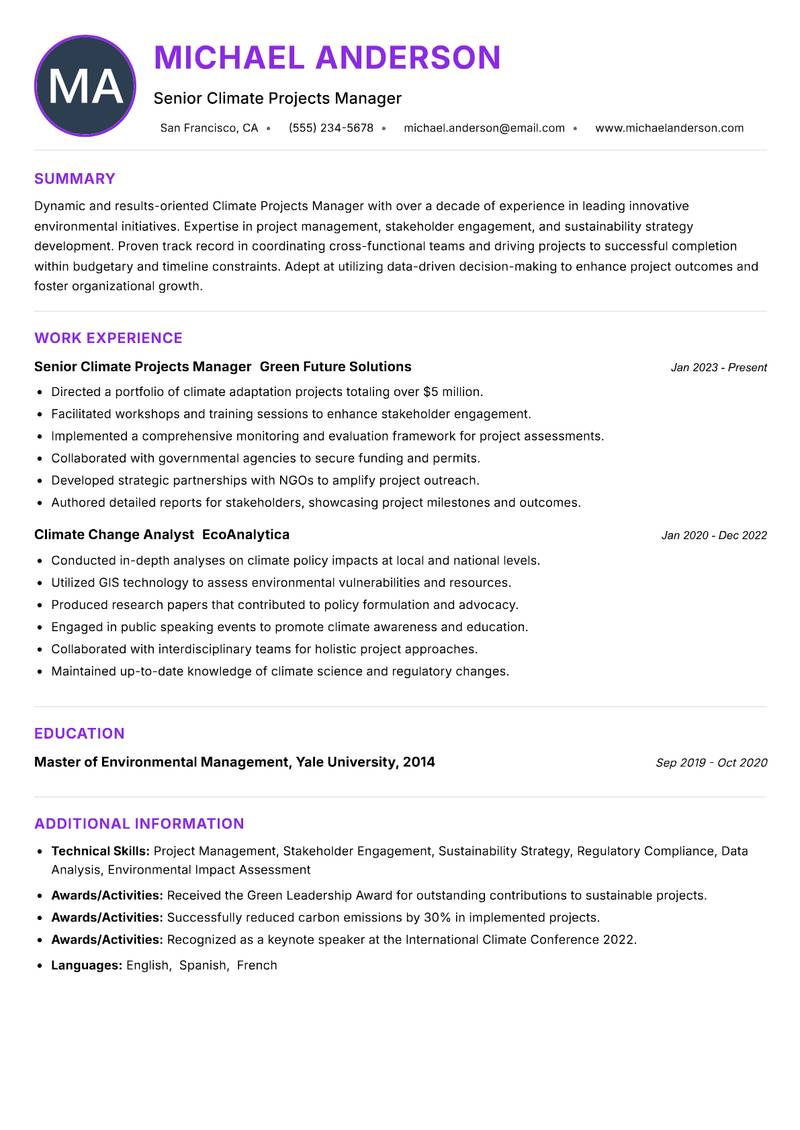 Climate Projects Manager resume example