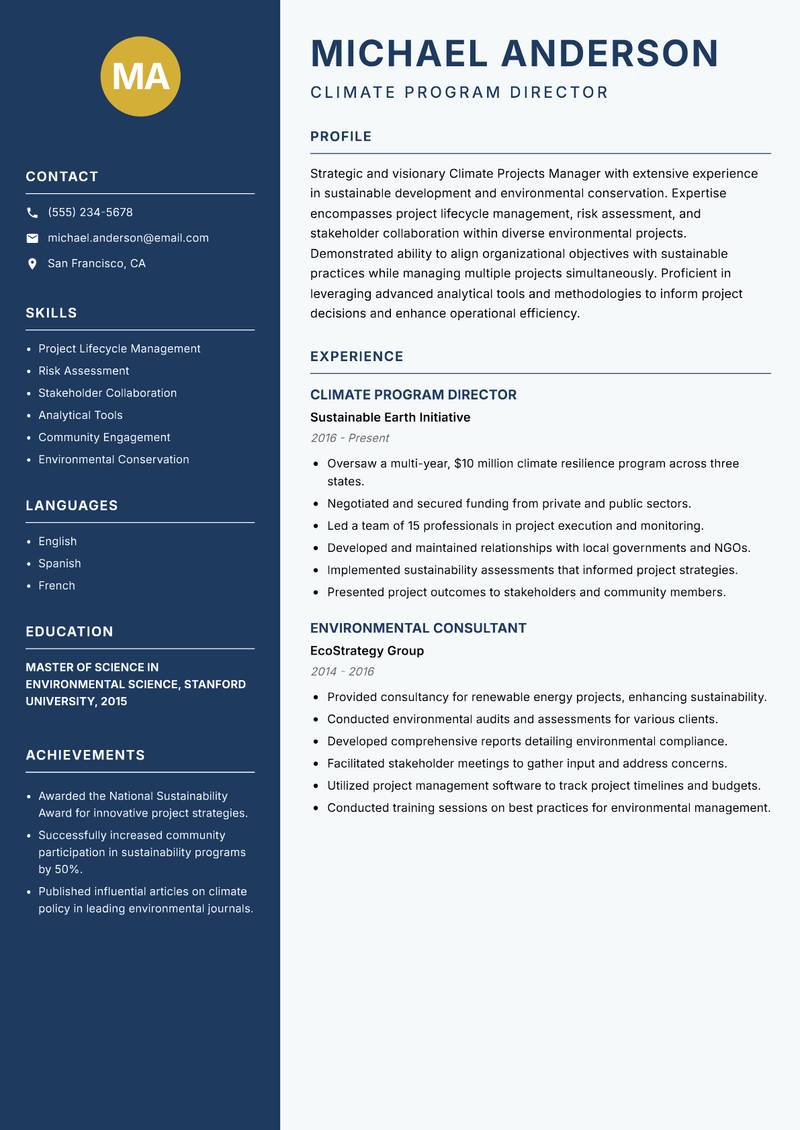 Climate Projects Manager resume sample — Climate Program Director focus