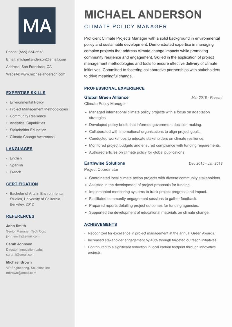 Climate Projects Manager resume sample — Climate Policy Manager focus