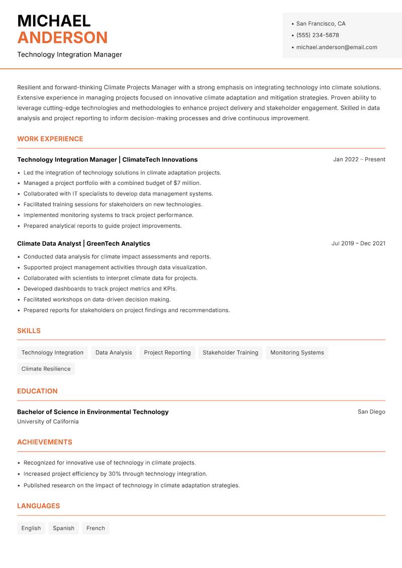 Climate Projects Manager resume sample — Technology Integration Manager focus