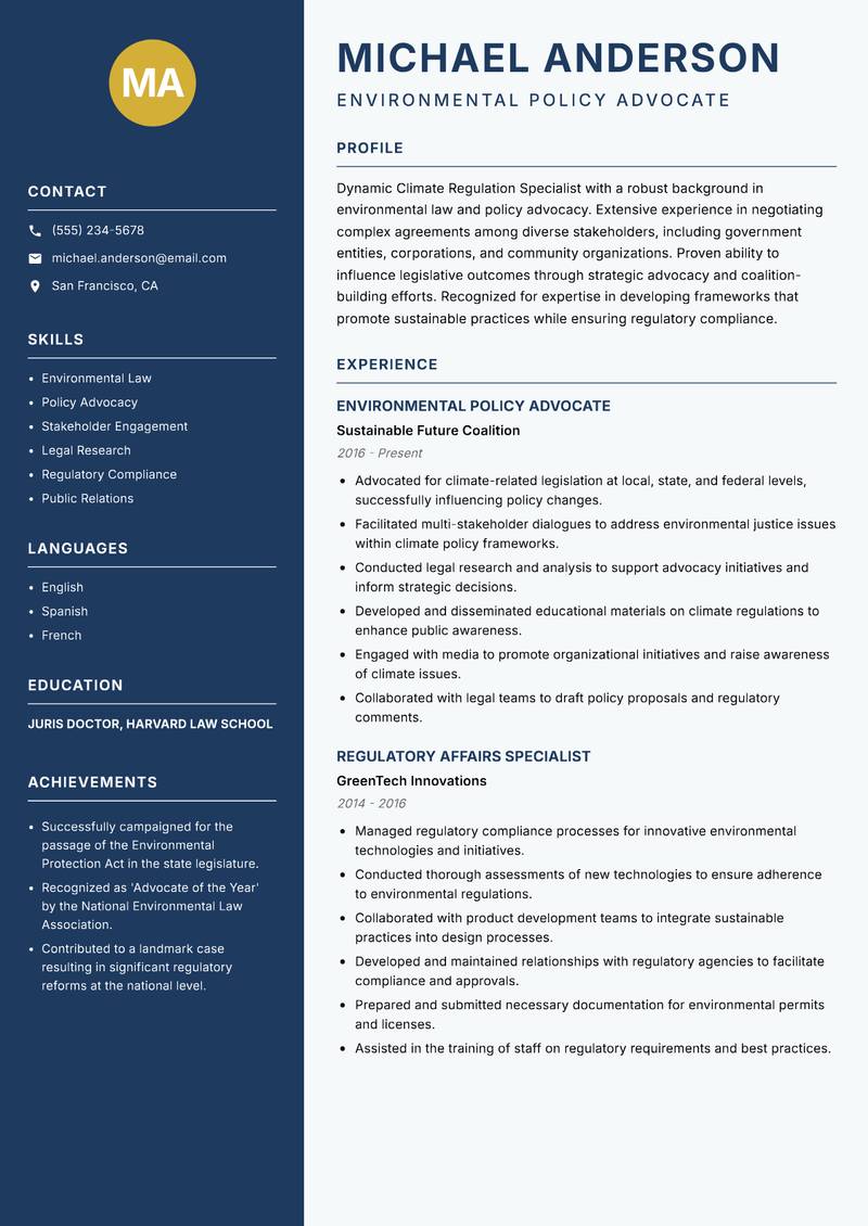 Climate Regulation Specialist resume sample — Environmental Policy Advocate focus