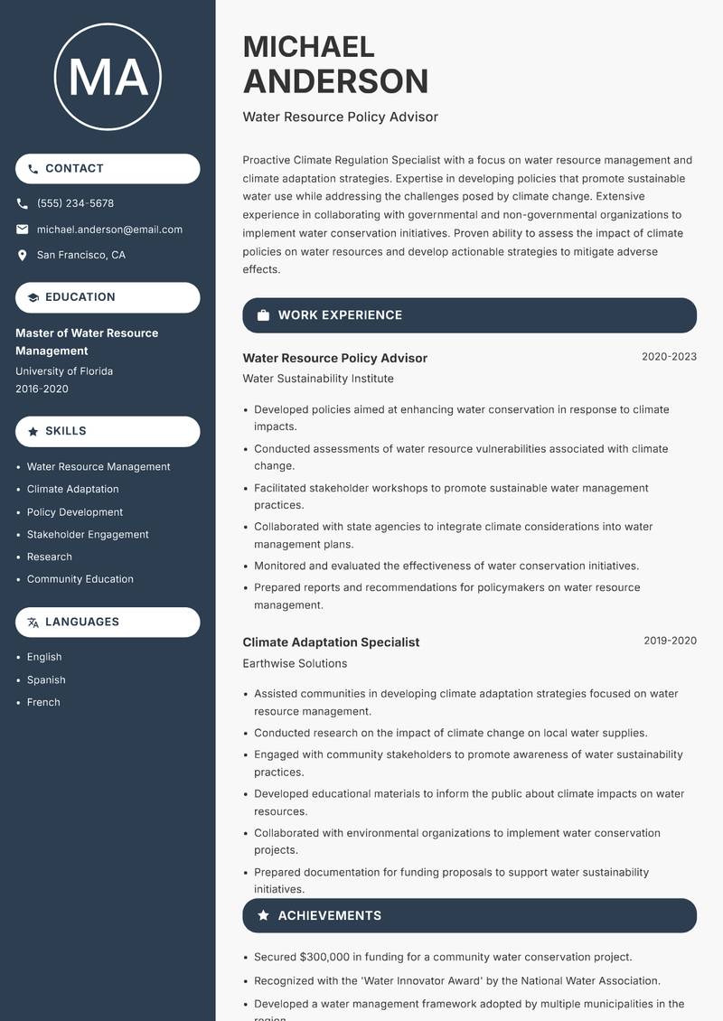 Climate Regulation Specialist resume sample — Water Resource Policy Advisor focus