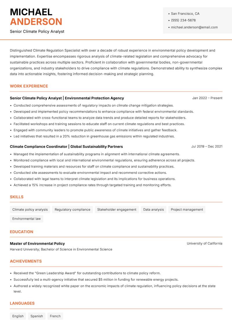 Climate Regulation Specialist resume sample — Senior Climate Policy Analyst focus
