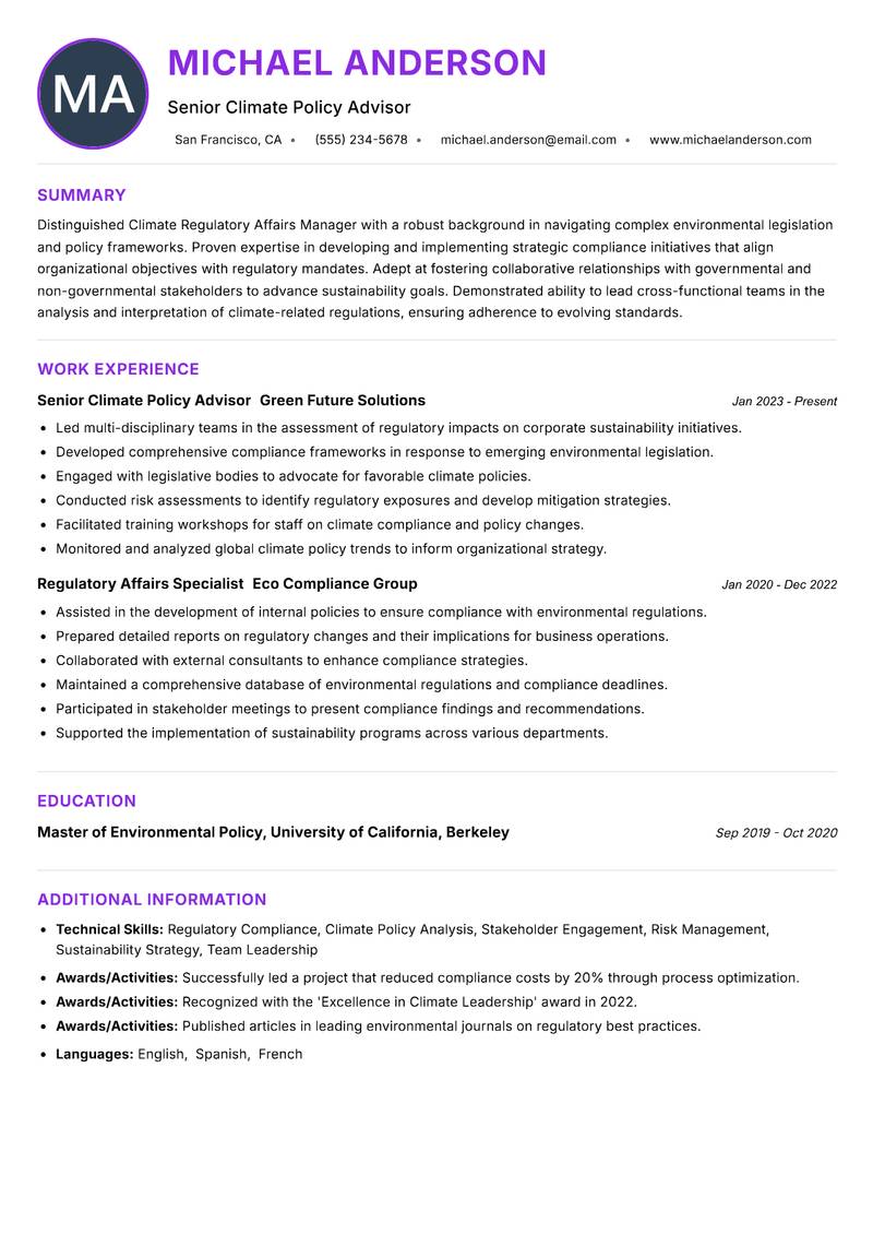 Climate Regulatory Affairs Manager resume example
