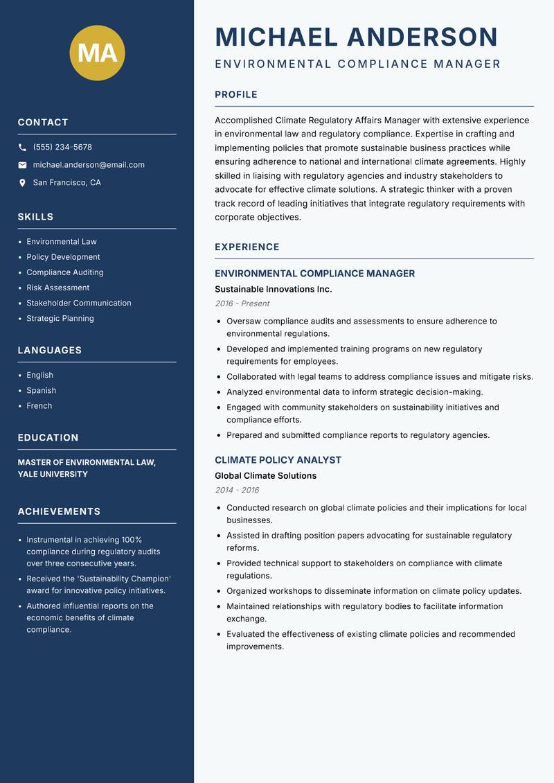 Climate Regulatory Affairs Manager resume sample — Environmental Compliance Manager focus