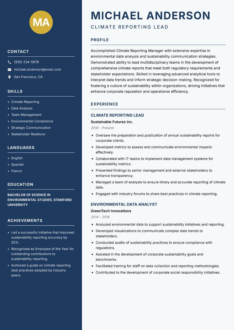 Climate Reporting Manager resume sample — Climate Reporting Lead focus