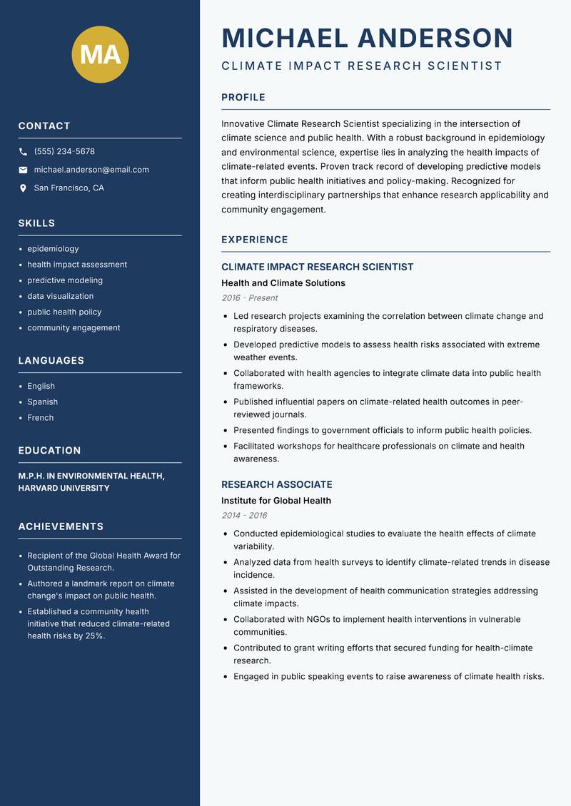 Climate Research Scientist resume sample — Climate Impact Research Scientist focus