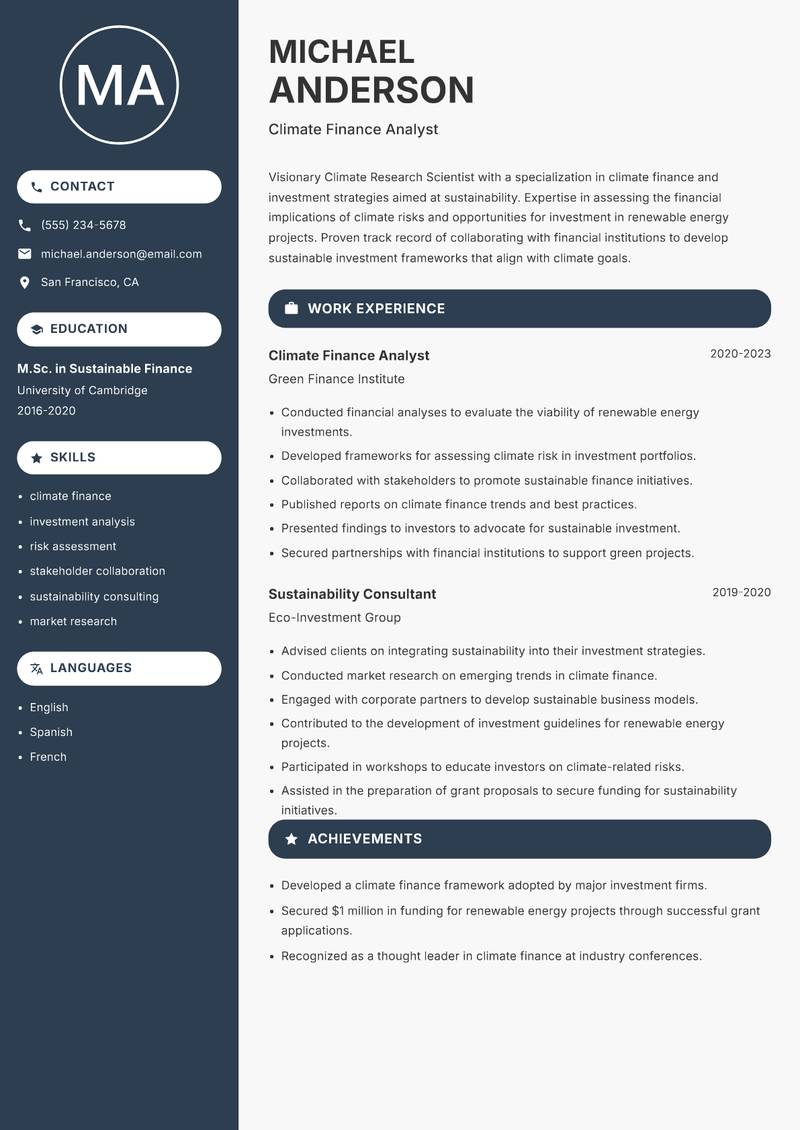 Climate Research Scientist resume sample — Climate Finance Analyst focus