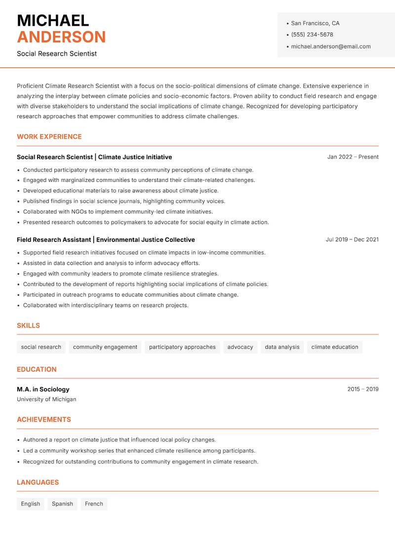 Climate Research Scientist resume sample — Social Research Scientist focus