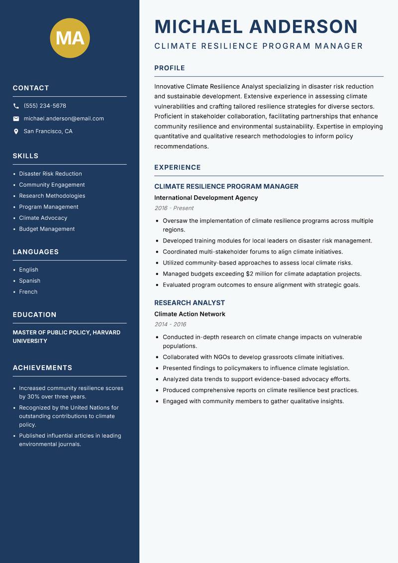 Climate Resilience Analyst resume sample — Climate Resilience Program Manager focus