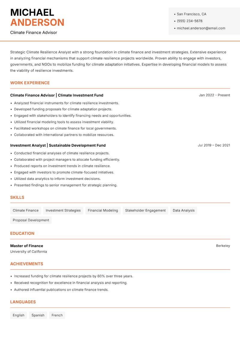 Climate Resilience Analyst resume sample — Climate Finance Advisor focus