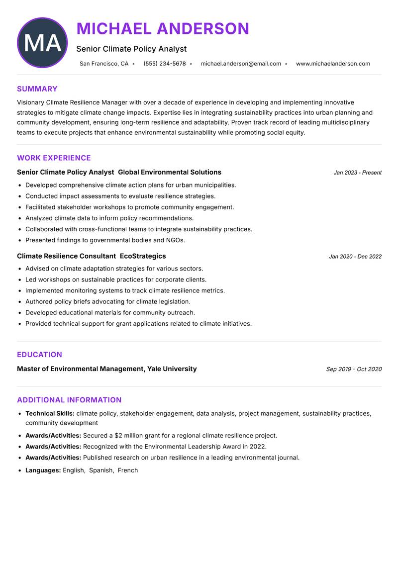 Climate Resilience Manager resume example