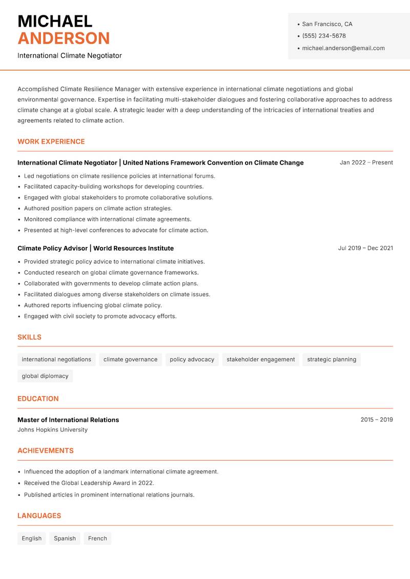 Climate Resilience Manager resume sample — International Climate Negotiator focus