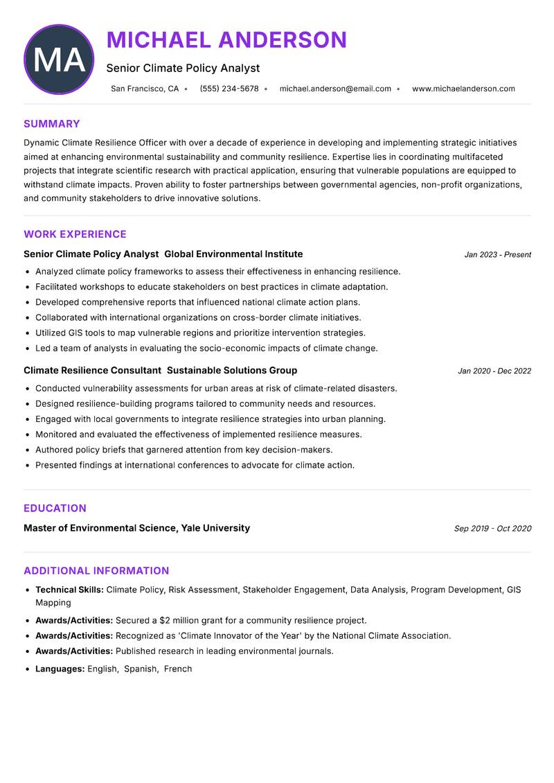 Climate Resilience Officer resume example
