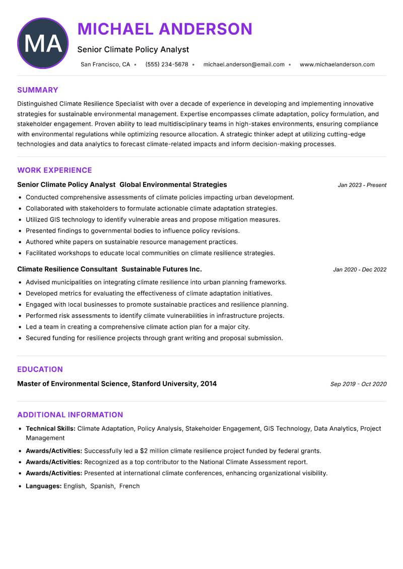 Climate Resilience Specialist resume example
