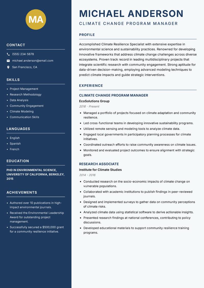 Climate Resilience Specialist resume sample — Climate Change Program Manager focus