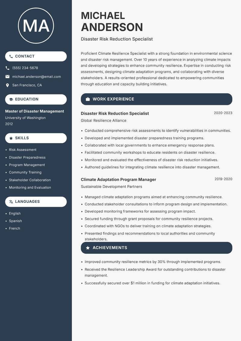 Climate Resilience Specialist resume sample — Disaster Risk Reduction Specialist focus