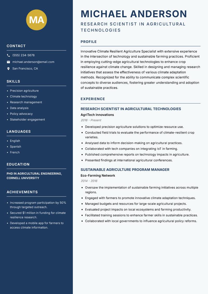 Climate Resilient Agriculture Specialist resume sample — Research Scientist in Agricultural Technologies focus
