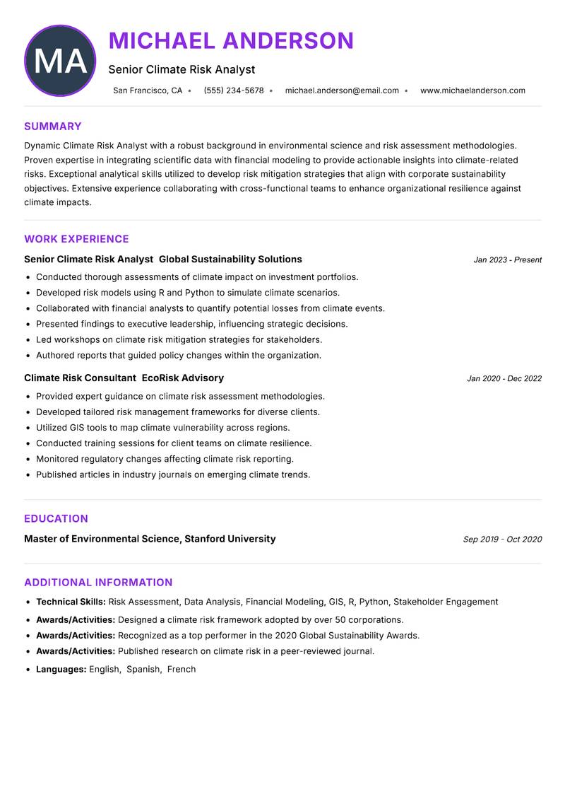 Climate Risk Analyst resume example