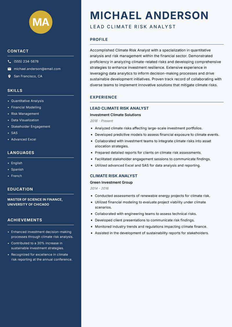 Climate Risk Analyst resume sample — Lead Climate Risk Analyst focus