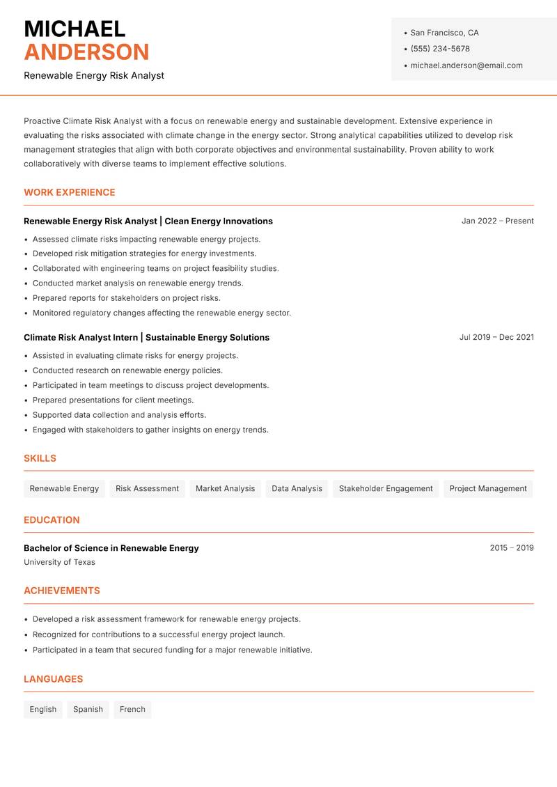 Climate Risk Analyst resume sample — Renewable Energy Risk Analyst focus