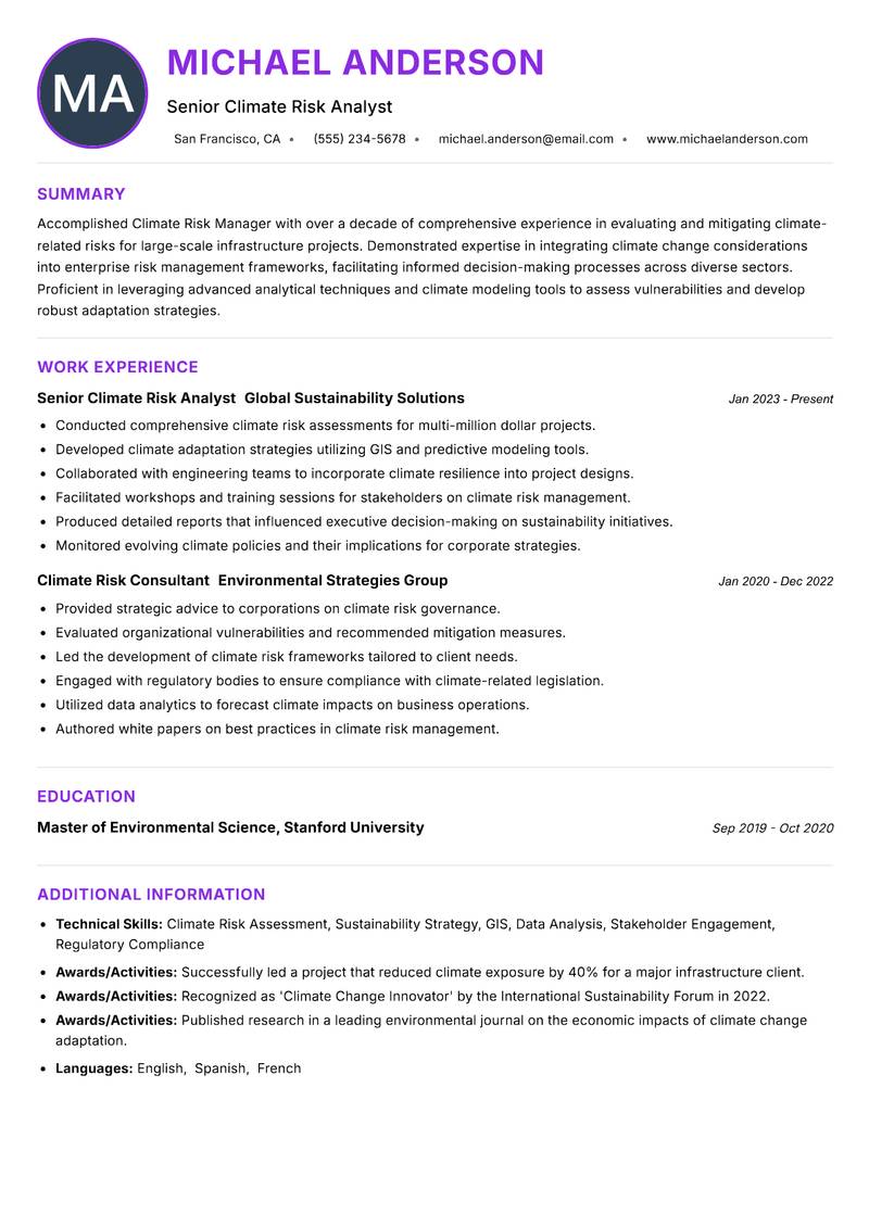 Climate Risk Manager resume example