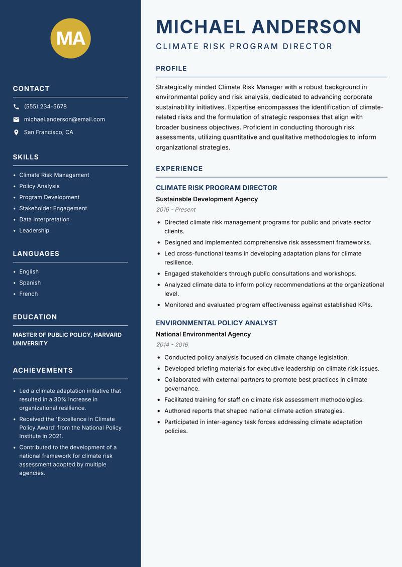 Climate Risk Manager resume sample — Climate Risk Program Director focus