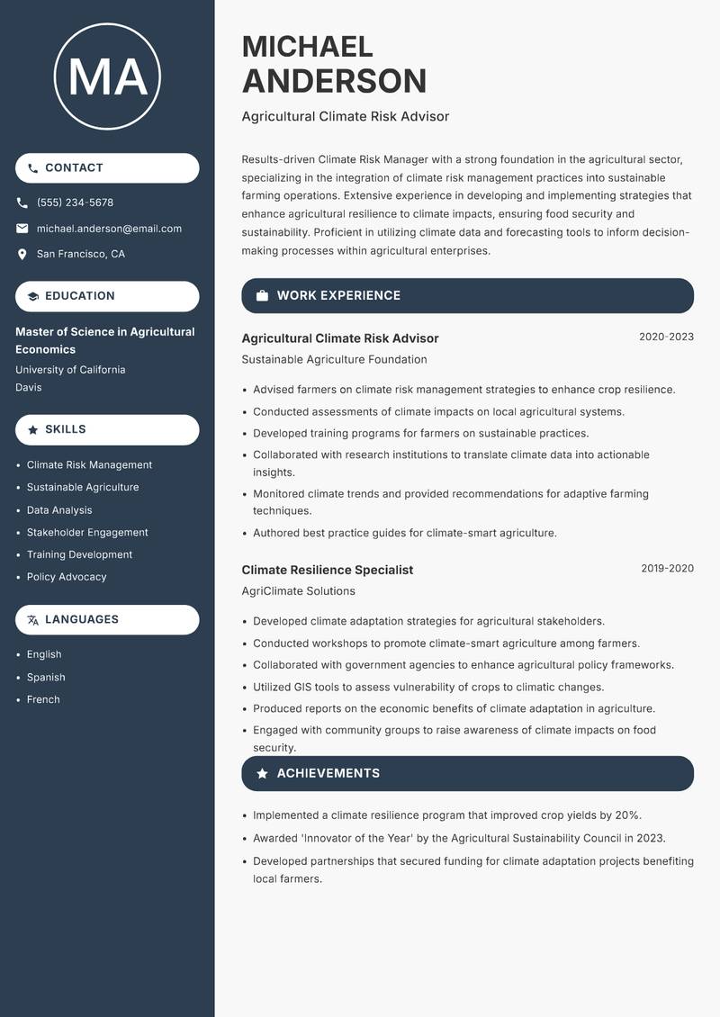 Climate Risk Manager resume sample — Agricultural Climate Risk Advisor focus