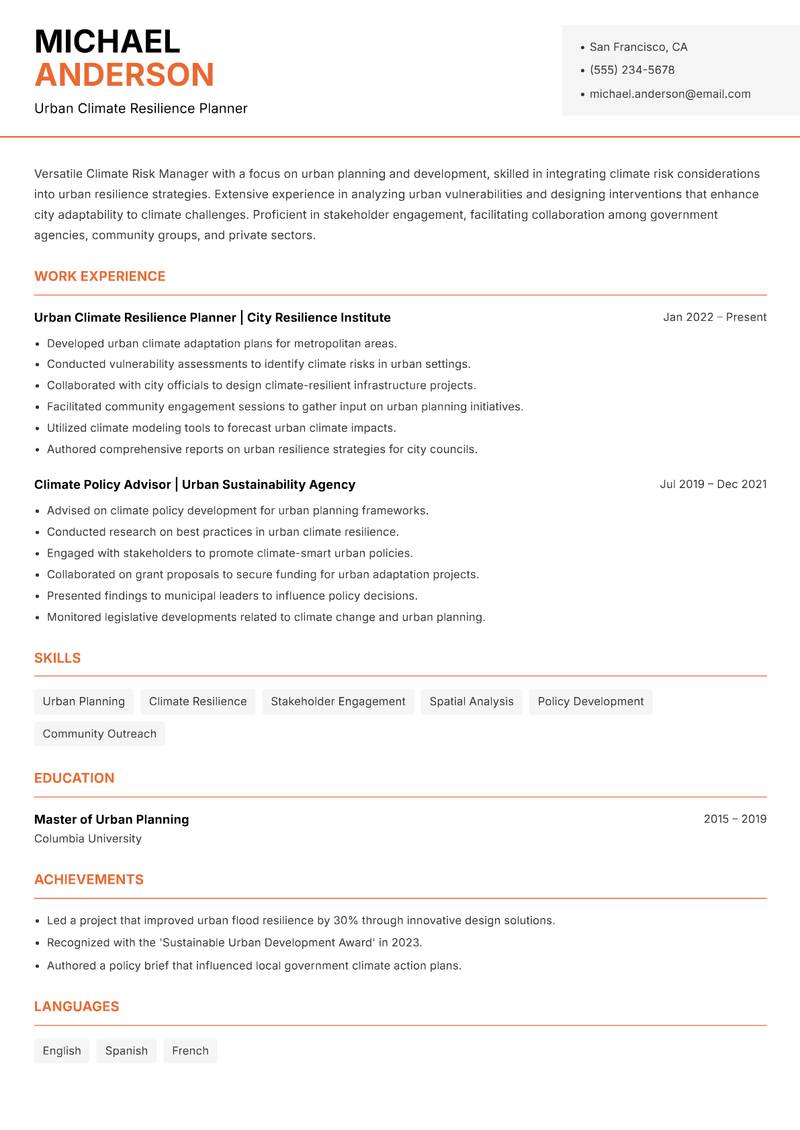 Climate Risk Manager resume sample — Urban Climate Resilience Planner focus