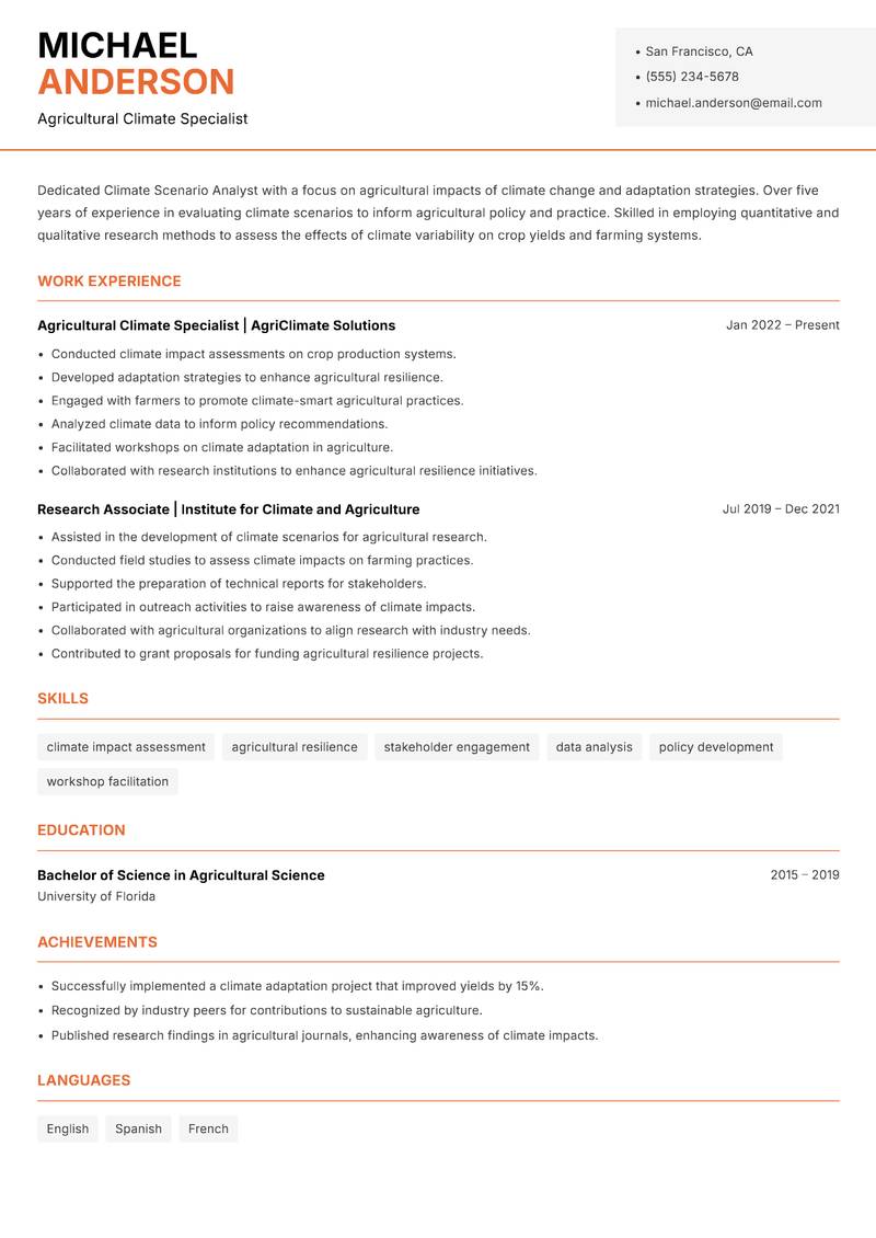 Climate Scenario Analyst resume sample — Agricultural Climate Specialist focus