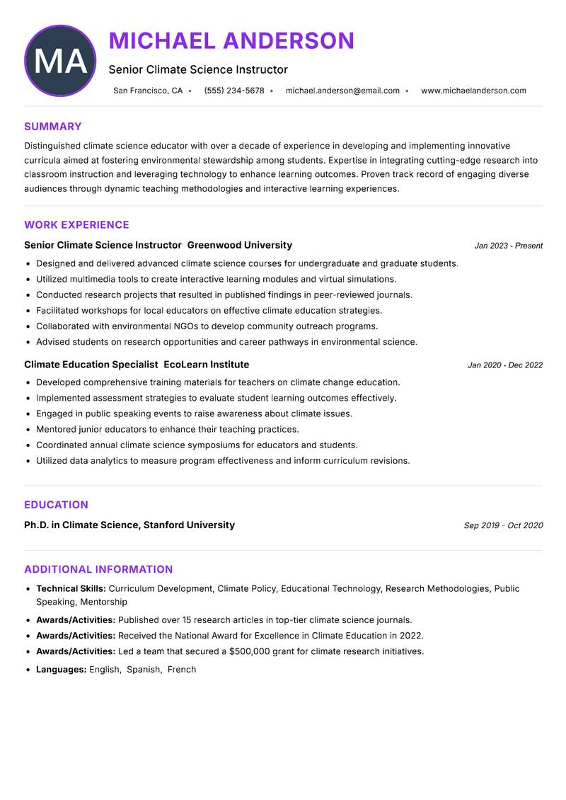 Climate Science Instructor resume example